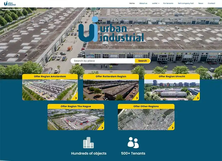 Bestaande Urban Industrial website met vastgoedaanbod en luchtfotografie